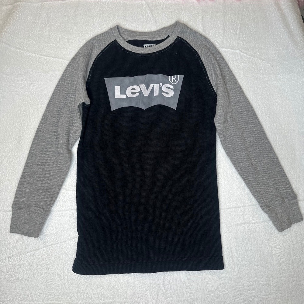 Levis Grunge 90s Womens Long Sleeve Thermal Raglan Shirt Black Grey Logo SMALL